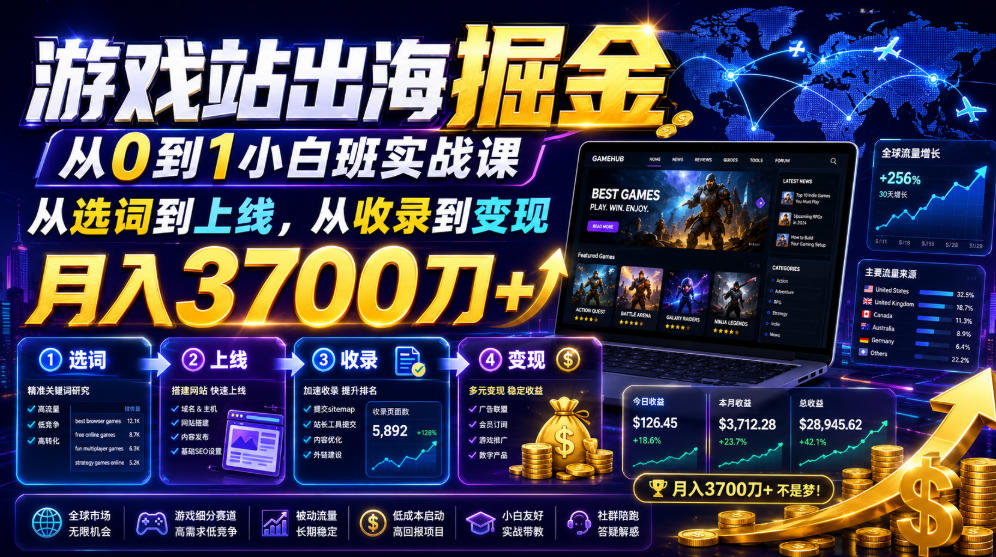 游戏站出海掘金从0到1小白实战课，从选词到上线，从收录到变现，月入3700刀+|无忧资源社
