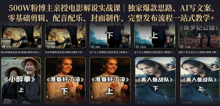 500W粉博主亲授电影解说实战课｜精选独家思路、AI写文案、零基础剪辑、配音配乐、封面制作、完整发布流程一站式教学|无忧资源社