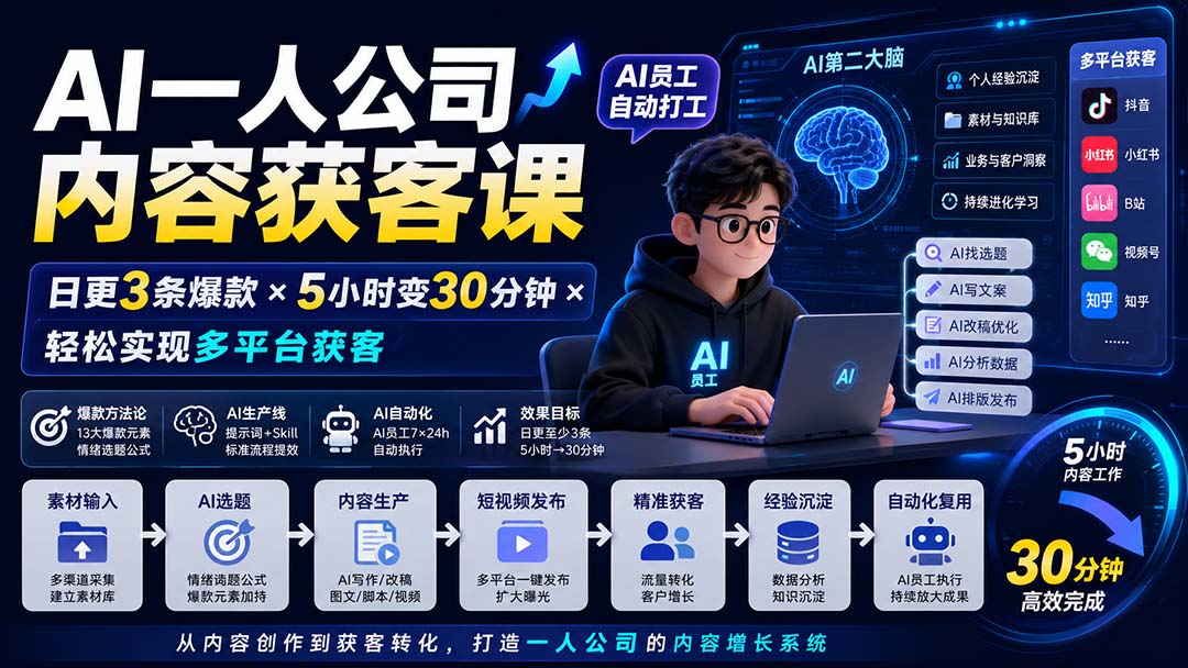 （20111期）AI一人公司内容获客课-更新8月：日更3条爆款×5小时变30分钟×AI员工自动打工，轻松实现多平台获客|无忧资源社