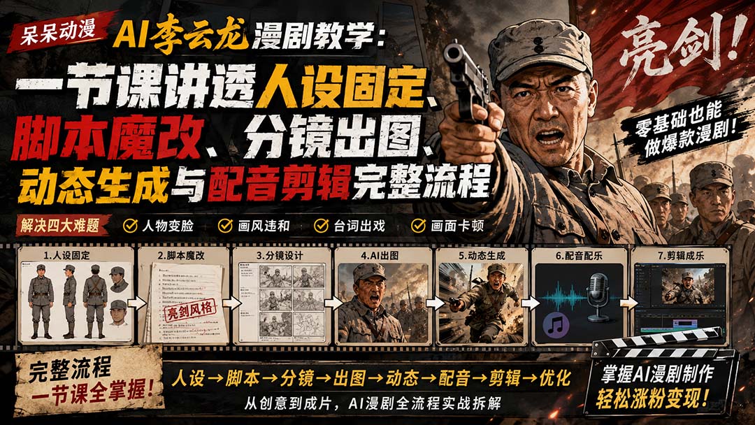 (20107期)呆呆动漫AI李云龙漫剧教学:一节课讲透人设固定、脚本魔改、分镜出图、动态生成与配音剪辑完整流程|无忧资源社