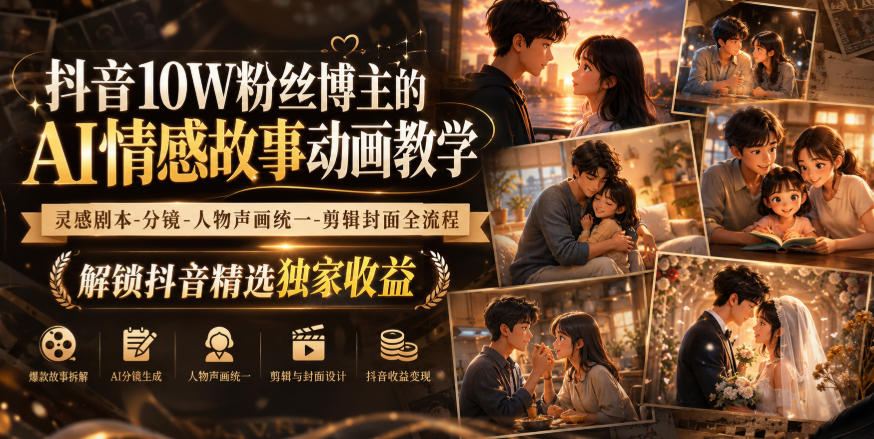抖音10W粉丝博主的AI情感故事动画教学，灵感剧本‑分镜‑人物声画统一‑剪辑封面全流程，解锁抖音精选独家收益|无忧资源社