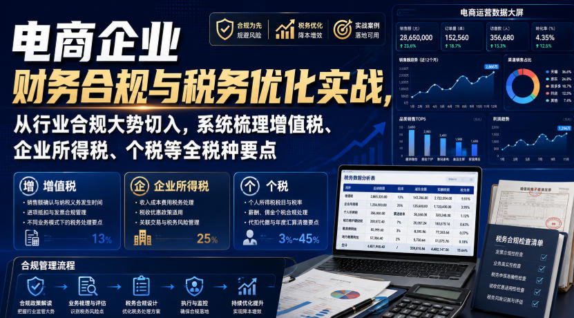 电商企业财务合规与税务优化实战，从行业合规大势切入，系统梳理增值税、企业所得税、个税等全税种要点|无忧资源社