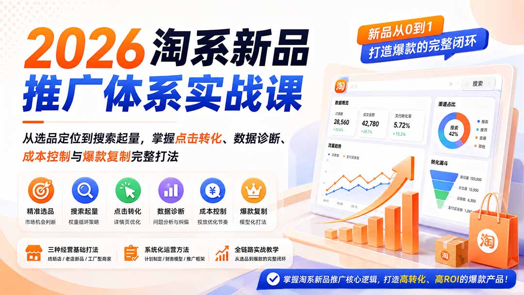 （19908期）2026淘系新品推广体系实战课：从选品定位到搜索起量，掌握点击转化、数据诊断、成本控制与爆款复制完整打法|无忧资源社