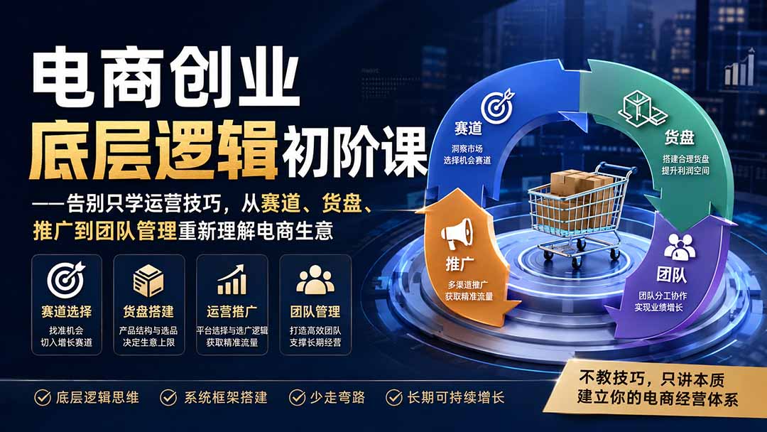（19926期）电商创业底层逻辑初阶课——告别只学运营技巧，从赛道、货盘、推广到团队管理重新理解电商生意|无忧资源社