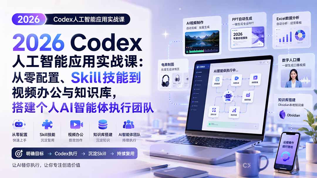（20067期）2026 Codex人工智能应用实战课：从零配置、Skill技能到视频办公与知识库，搭建个人AI智能体执行团队|无忧资源社