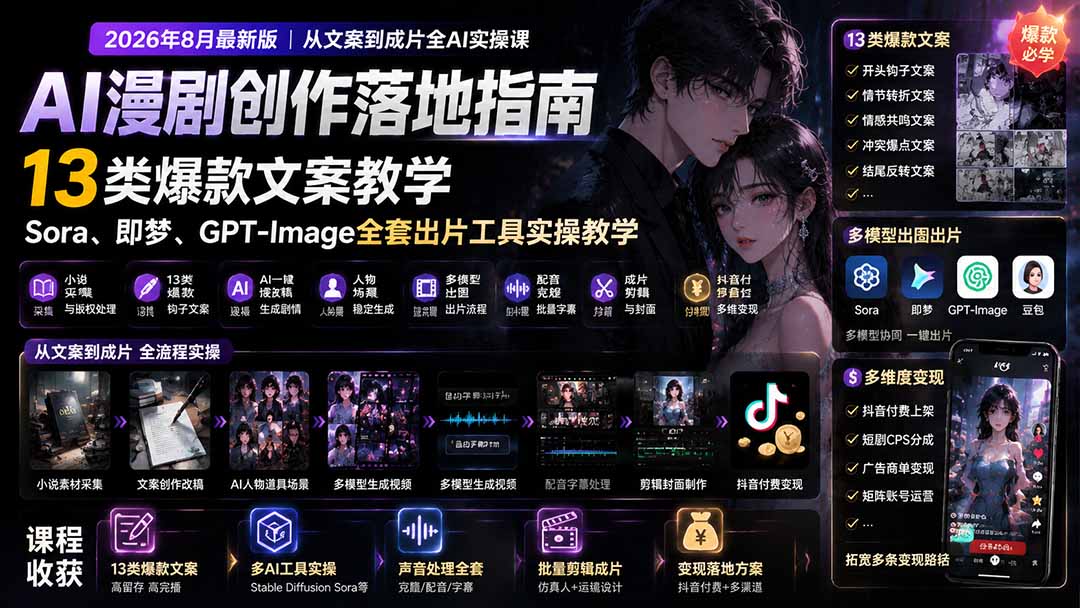 （19691期）AI漫剧创作落地指南｜13类爆款文案教学，Sora、即梦、GPT-Image全套出片工具实操教学|无忧资源社