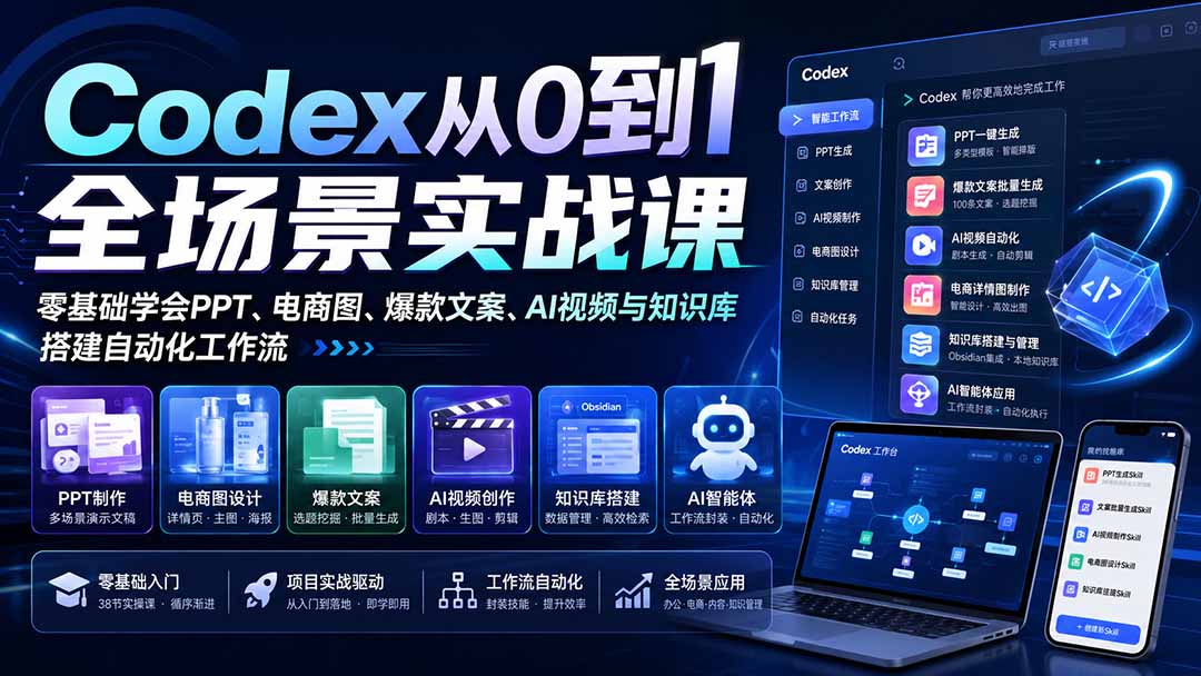 （20041期）Codex从0到1全场景实战课：零基础学会PPT、电商图、爆款文案、AI视频与知识库，搭建自动化工作流|无忧资源社