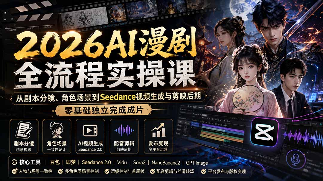 （20042期）2026AI漫剧全流程实操课：从剧本分镜、角色场景到Seedance视频生成与剪映后期，零基础独立完成成片|无忧资源社