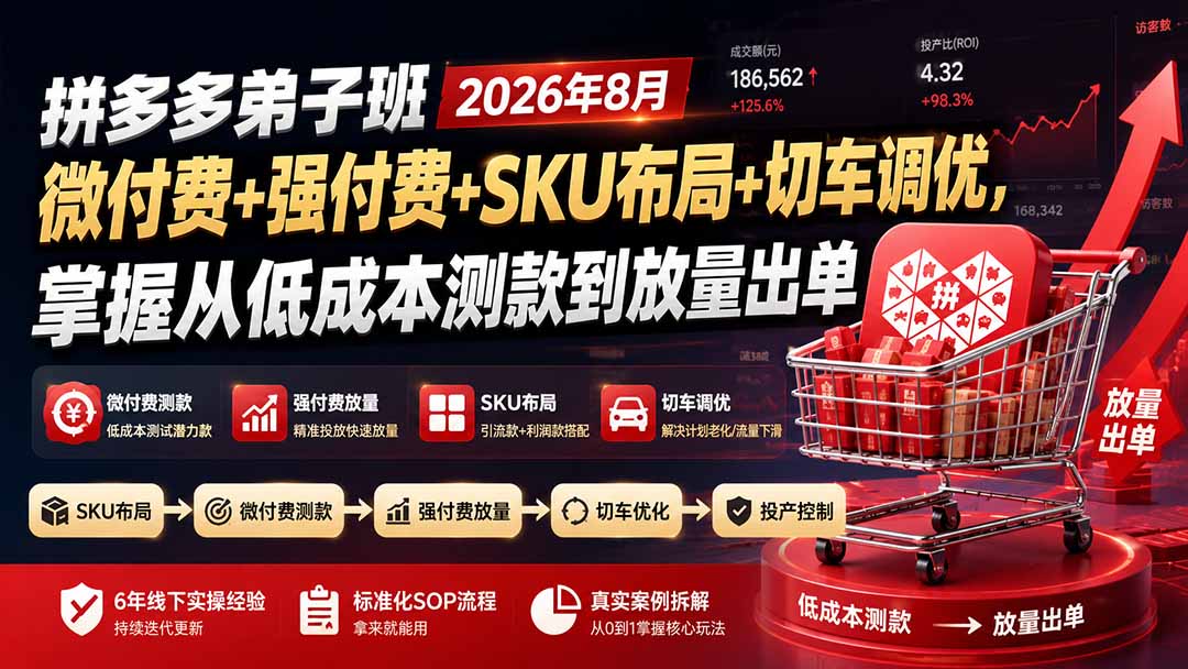 （19746期）拼多多弟子班2026年8月：微付费+强付费+SKU布局+切车调优，掌握从低成本测款到放量出单|无忧资源社