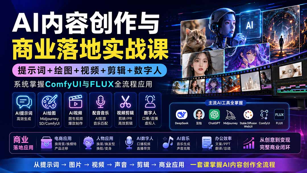 (19913期)AI内容创作与商业落地实战课:提示词+绘图+视频+剪辑+数字人,系统掌握ComfyUI与FLUX全流程应用|无忧资源社