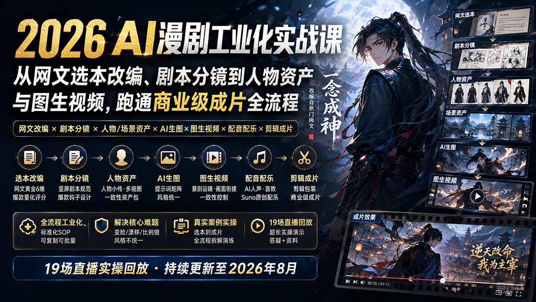 （20068期）2026 AI漫剧工业化实战课-更新：从网文选本改编、剧本分镜到人物资产与图生视频，跑通商业级成片全流程|无忧资源社