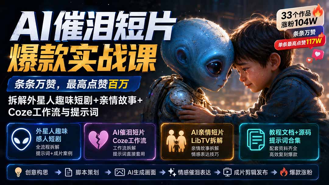 （20038期）AI催泪短片爆款实战课：条条万赞，最高点赞百万，拆解外星人趣味短剧+亲情故事+Coze工作流与提示词|无忧资源社