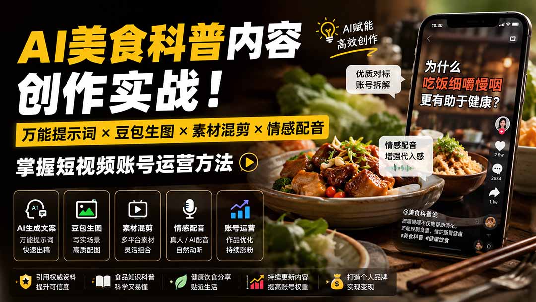 （19730期）外面卖199元-AI美食科普内容创作实战！万能提示词×豆包生图×素材混剪×情感配音，掌握短视频账号运营方法|无忧资源社