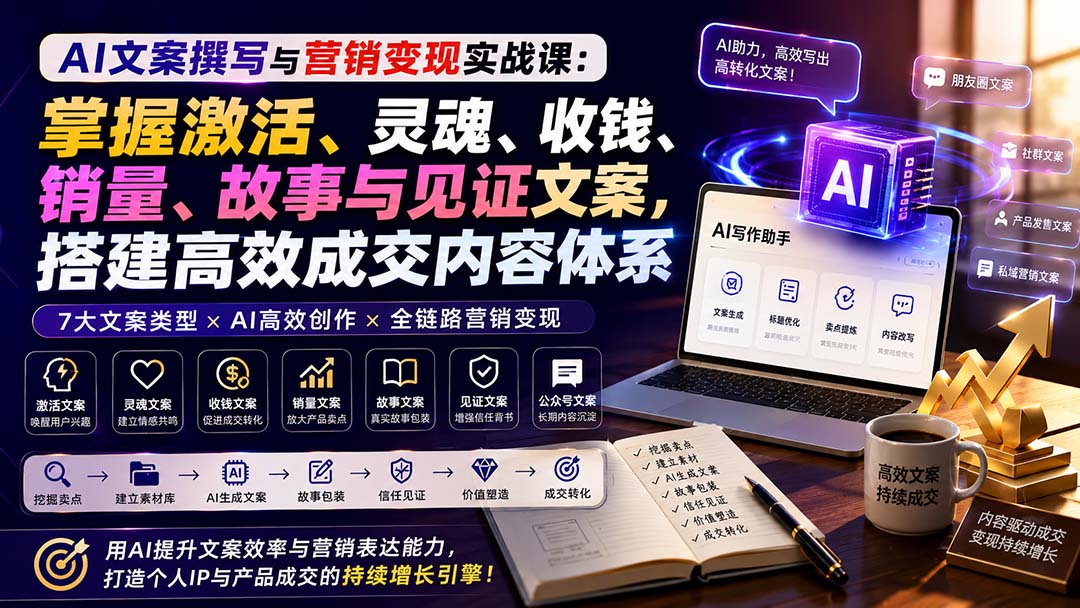 （20126期）AI文案撰写与营销变现实战课：掌握激活、灵魂、收钱、销量、故事与见证文案，搭建高效成交内容体系|无忧资源社