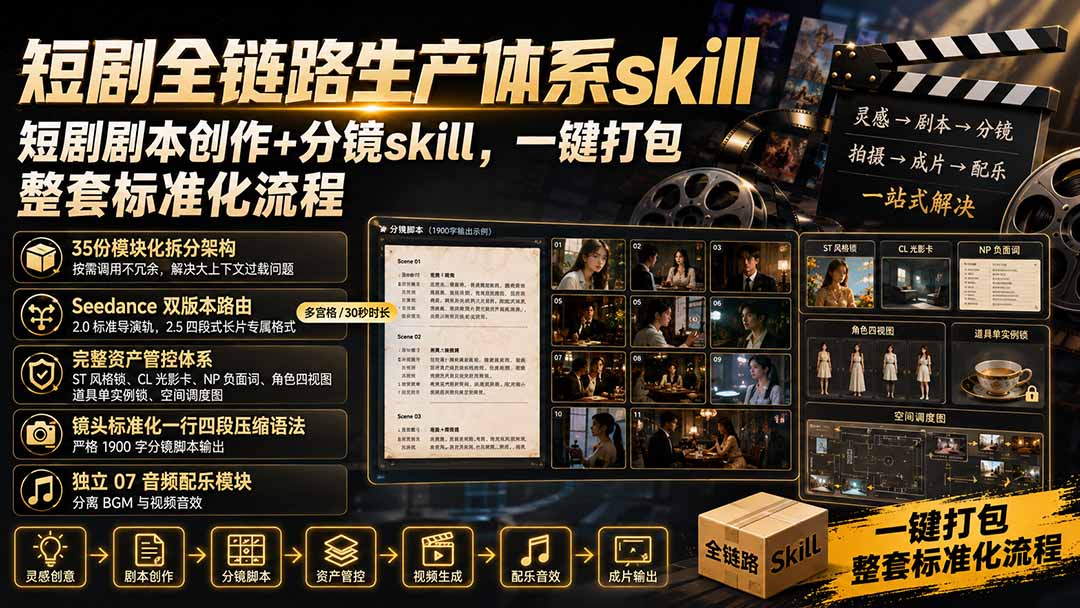 （19911期）短剧全链路生产体系skill，短剧剧本创作+分镜skill，一键打包，整套标准化流程|无忧资源社