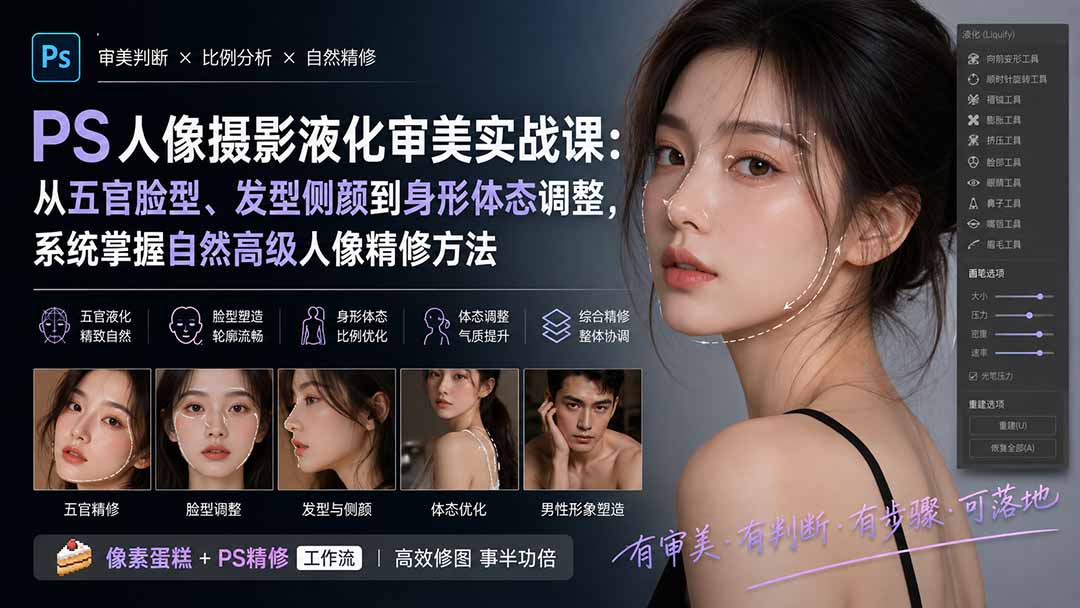 （20062期）PS人像摄影液化审美实战课：从五官脸型、发型侧颜到身形体态调整，系统掌握自然高级人像精修方法|无忧资源社