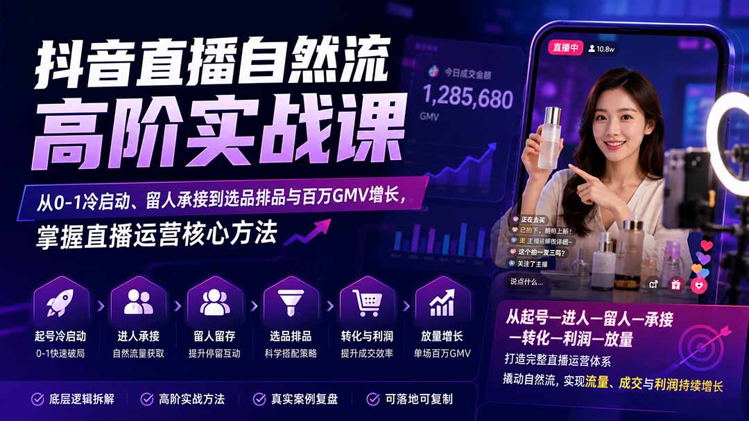 （20058期）抖音直播自然流高阶实战课：从0-1冷启动、留人承接到选品排品与百万GMV增长，掌握直播运营核心方法|无忧资源社
