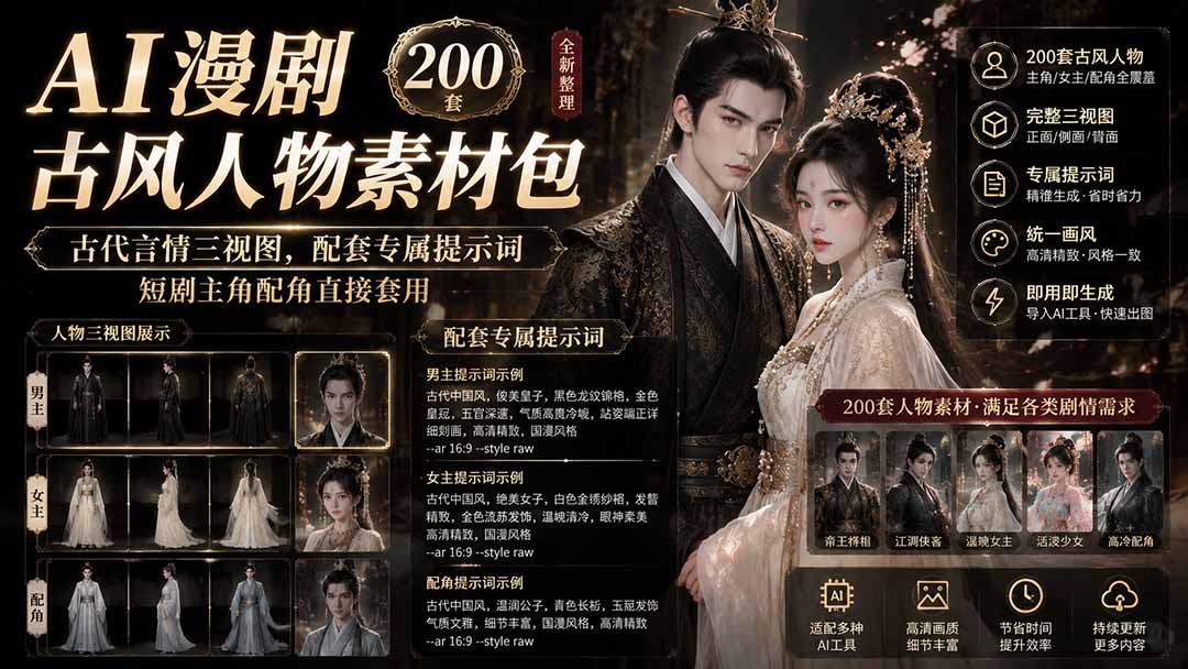 (19693期)AI漫剧古风人物素材包+提示词|200 套古代言情三视图,配套专属提示词短剧主角配角直接套用|无忧资源社