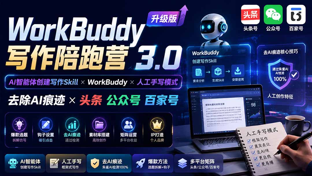 （19920期）WorkBuddy写作陪跑营3.0-更新：Ai智能体创建写作Skill×WorkBuddy×人工手写模式×去除AI痕迹×头条公众号百家号|无忧资源社