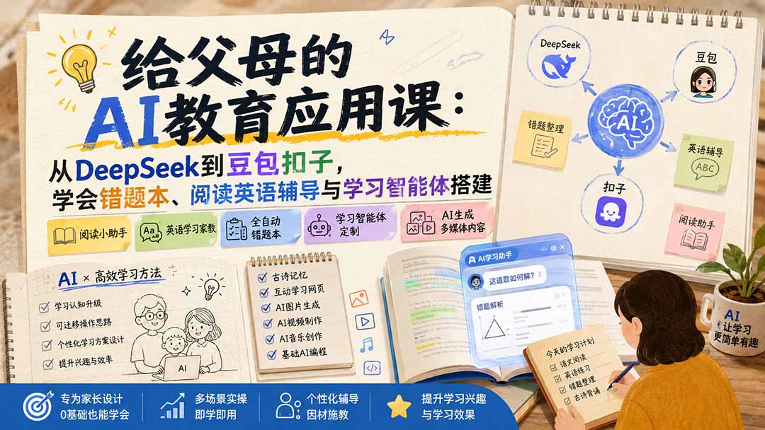 （19890期）给父母的AI教育应用课：从DeepSeek到豆包扣子，学会错题本、阅读英语辅导与学习智能体搭建|无忧资源社