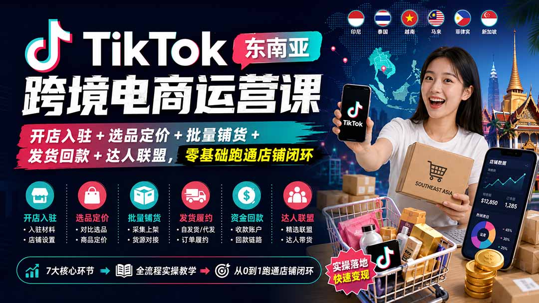 （20059期）TikTok东南亚跨境电商运营课：开店入驻+选品定价+批量铺货+发货回款+达人联盟，零基础跑通店铺闭环|无忧资源社