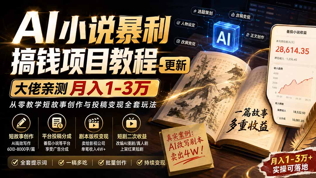 （20044期）AI小说暴利搞钱项目教程-更新，大佬亲测月入1-3万，从零教学短故事创作与投稿变现全套玩法|无忧资源社
