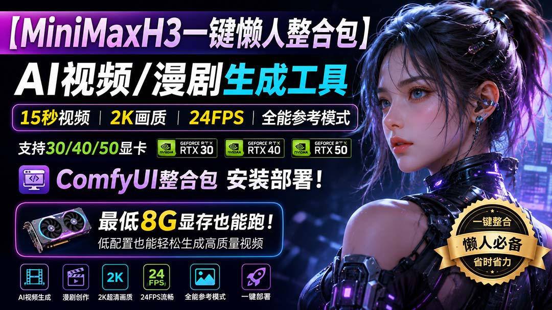 （20130期）MiniMaxH3一键懒人整合包：AI视频/漫剧生成工具，15秒视频_2K画质_24FPS_全能模式，支持30_40_50显卡，8g显存也能跑|无忧资源社