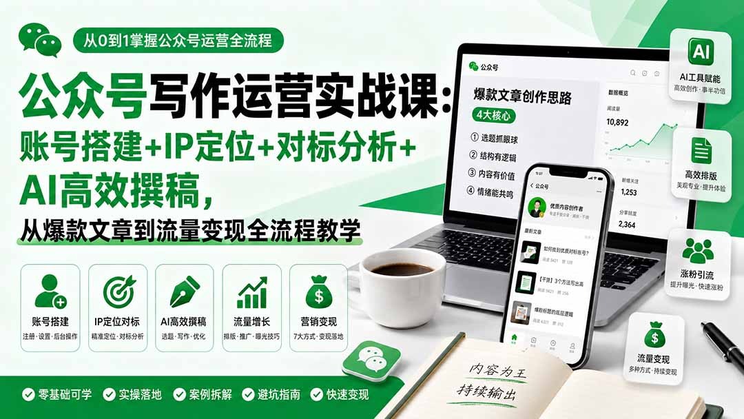(19914期)公众号写作运营实战课:账号搭建+IP定位+对标分析+AI高效撰稿,从爆款文章到流量变现全流程教学|无忧资源社