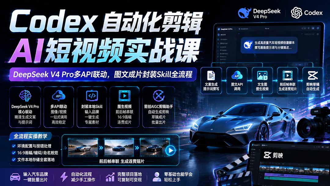 （19711期）Codex自动化剪辑AI短视频实战课｜DeepSeek V4 Pro多API联动，图文成片封装Skill全流程|无忧资源社