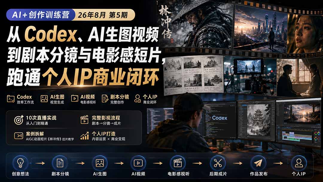 （20145期）AI+创作训练营26年8月第5期：从Codex、AI生图视频到剧本分镜与电影感短片，跑通个人IP商业闭环|无忧资源社