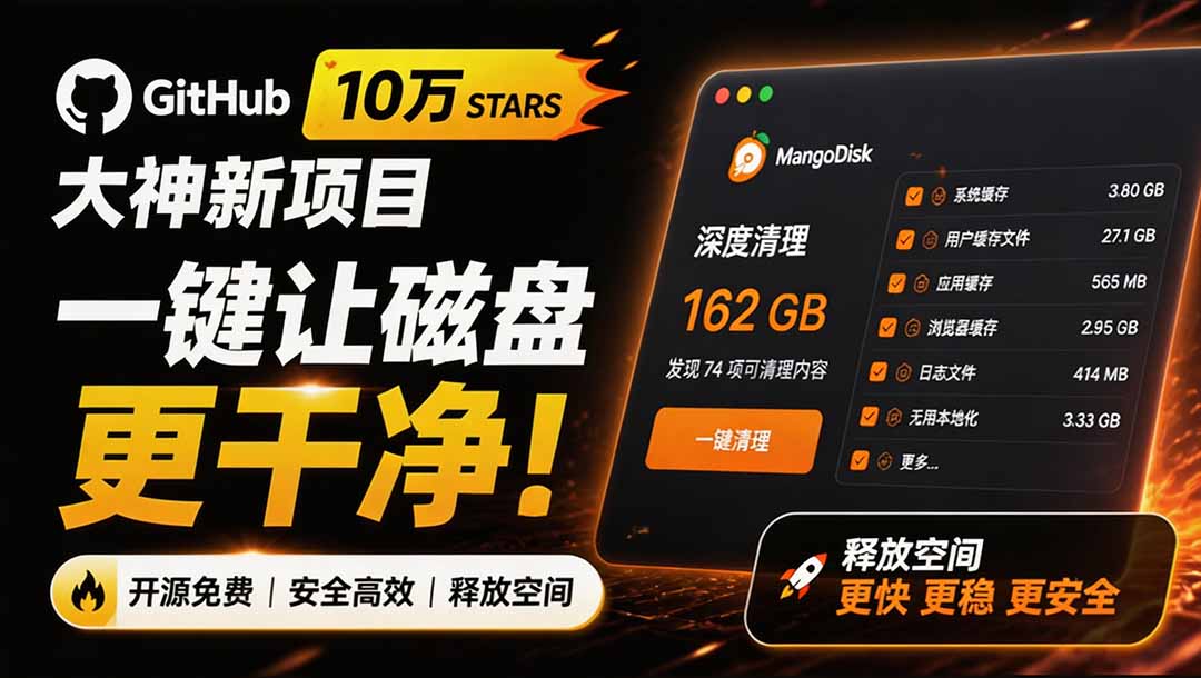 （19894期）在Gtihub上做出10万 stars 的大神，又发布新项目了！一键让磁盘更干净，开源免费清理工具 MangoDisk|无忧资源社
