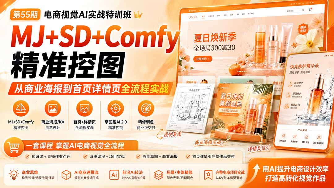 （20027期）电商视觉 AI实战训练营第55期：MJ+SD+Comfy精准控图，从商业海报到首页详情页全流程实战|无忧资源社