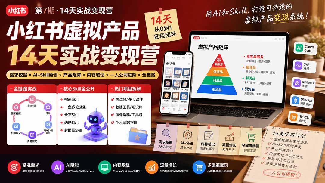 （19712期）小红书虚拟产品14天实战变现营-第7期：需求挖掘×AI+Skill原创×产品矩阵×内容笔记×一人公司进阶×全链路|无忧资源社