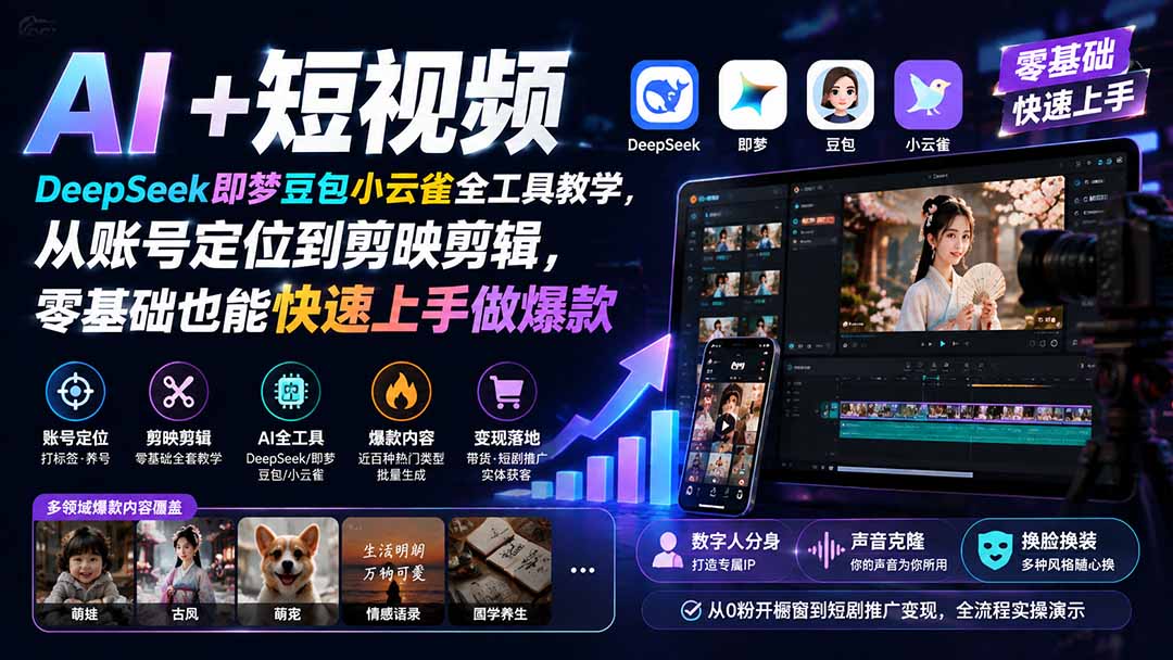 （19759期） AI+短视频｜DeepSeek即梦豆包小云雀全工具教学，从账号定位到剪映剪辑，零基础也能快速上手做爆款|无忧资源社