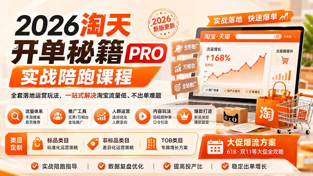（20029期）2026淘天开单秘籍PRO实战陪跑课程：全套落地运营玩法，一站式解决淘宝流量低、不出单难题（更新260823）|无忧资源社