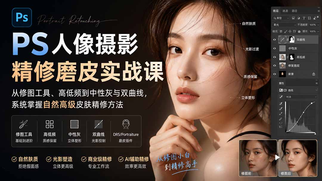 （20061期）PS人像摄影精修磨皮实战课：从修图工具、高低频到中性灰与双曲线，系统掌握自然高级皮肤精修方法|无忧资源社