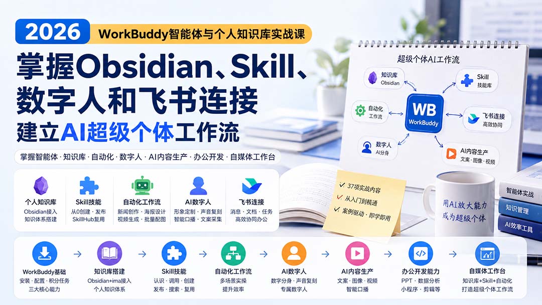 （20169期）2026 WorkBuddy智能体与个人知识库实战课：掌握Obsidian、Skill、数字人和飞书连接，建立AI超级个体工作流|无忧资源社