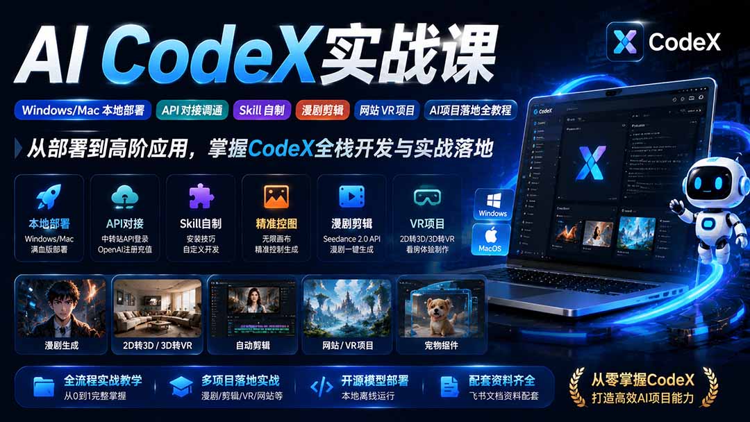 （19769期）AI  CodeX实战课｜Windows/Mac 本地部署｜API 对接调通｜Skill 自制｜漫剧剪辑｜网站 VR 项目｜AI项目落地全教程|无忧资源社