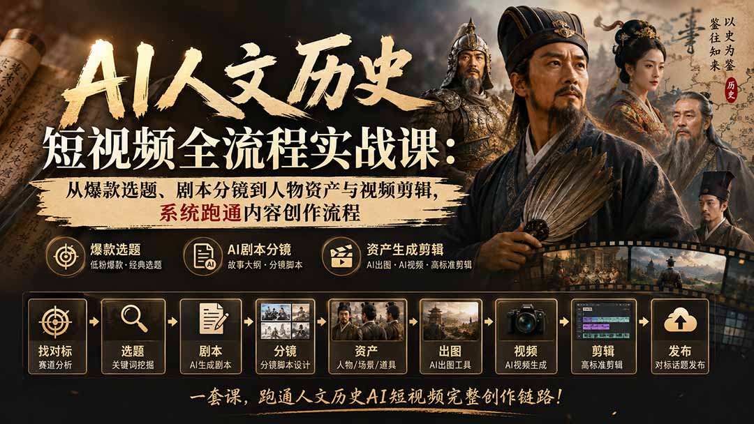（20074期）AI人文历史短视频全流程实战课：从爆款选题、剧本分镜到人物资产与视频剪辑，系统跑通内容创作流程|无忧资源社