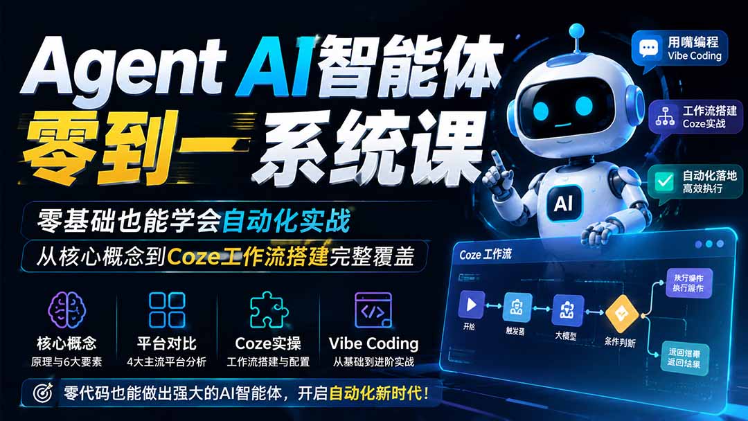 （19753期）Agent AI智能体零到一系统课；零基础也能学会自动化实战，从核心概念到Coze工作流搭建完整覆盖|无忧资源社