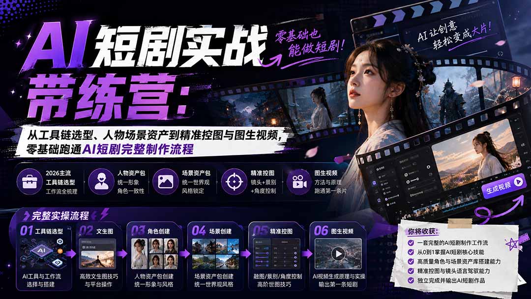 （20064期）AI短剧实战训练营：从工具链选型、人物场景资产到精准控图与图生视频，零基础跑通AI短剧完整制作流程|无忧资源社