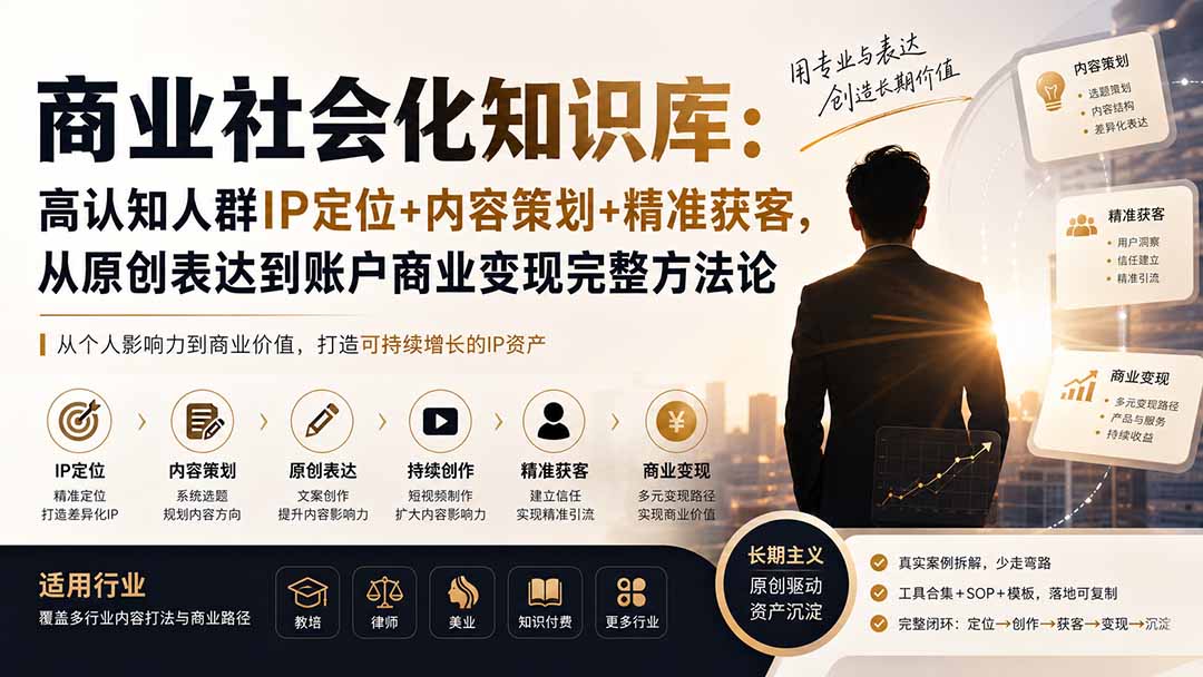 （19733期）商业社会化知识库：高认知人群IP定位+内容策划+精准获客，从原创表达到账户商业变现完整方法论|无忧资源社