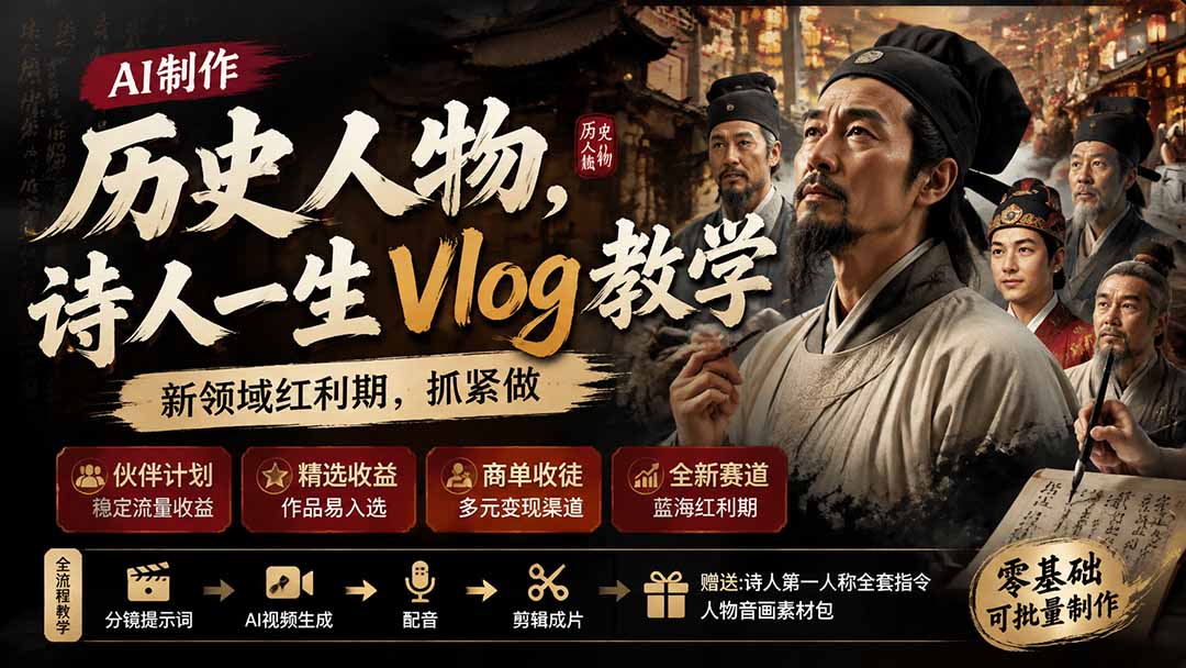 （19758期）历史人物，诗人一生Vlog教学， AI制作丨伙伴计划丨精选收益丨商单收徒 ，新领域红利期，抓紧做|无忧资源社