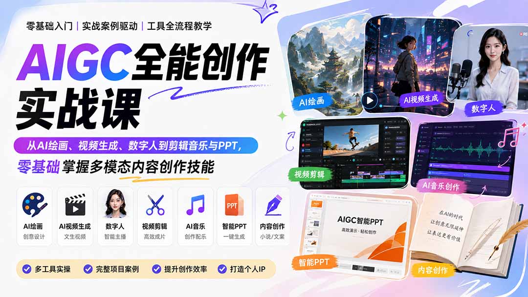 （20065期）AIGC全能创作实战课：从AI绘画、视频生成、数字人到剪辑音乐与PPT，零基础掌握多模态内容创作技能|无忧资源社