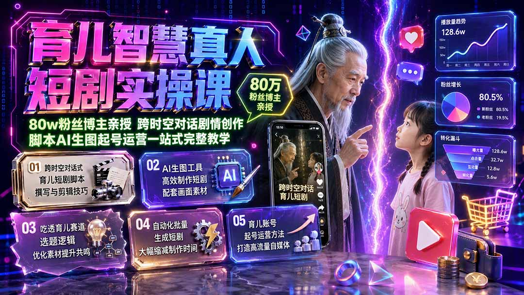 （19663期）育儿智慧真人短剧实操课｜80w粉丝博主亲授，跨时空对话剧情创作，脚本AI生图起号运营一站式完整教学|无忧资源社