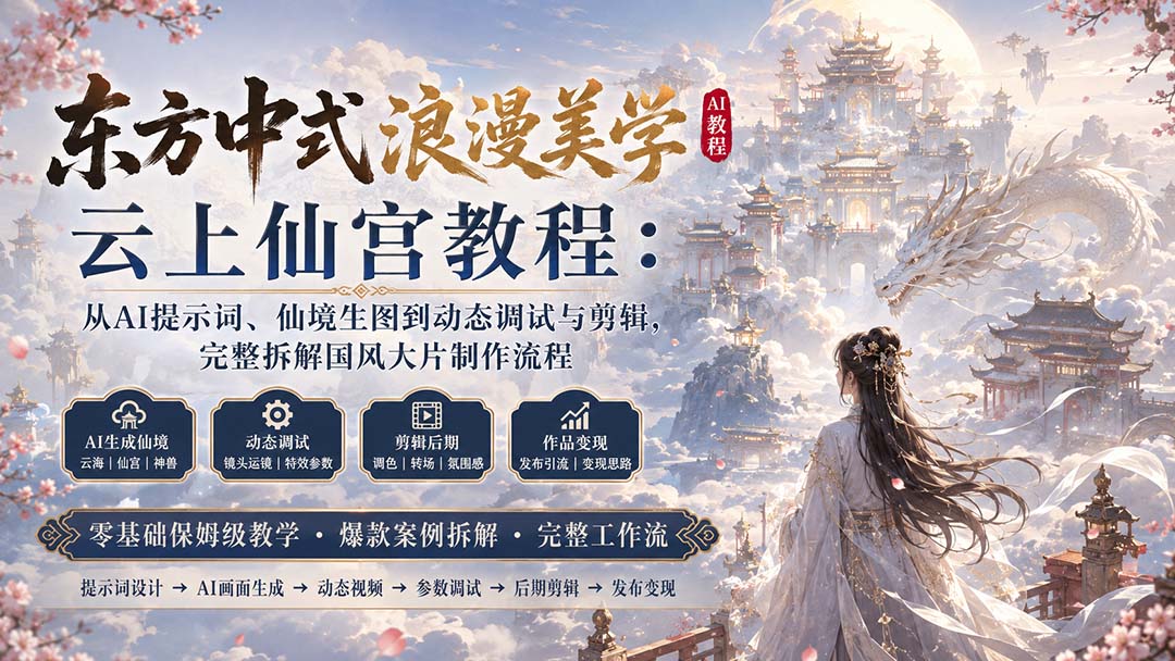 （20147期）东方中式浪漫美学云上仙宫教程：从AI提示词、仙境生图到动态调试与剪辑，完整拆解国风大片制作流程|无忧资源社
