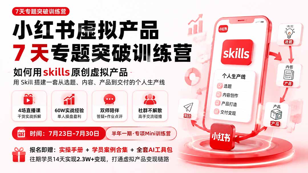 （19817期）小红书虚拟产品7天专题突破训练营，如何用skills原创虚拟产品，用Skil搭建一套从选题、内容、产品到交付的个人生产线|无忧资源社