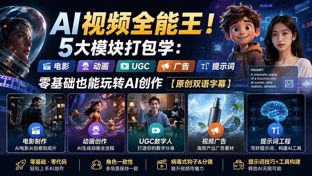 （20048期）AI视频全能王！5大模块打包学：电影、动画、UGC、广告、提示词，零基础也能玩转AI创作【原创双语字幕】|无忧资源社