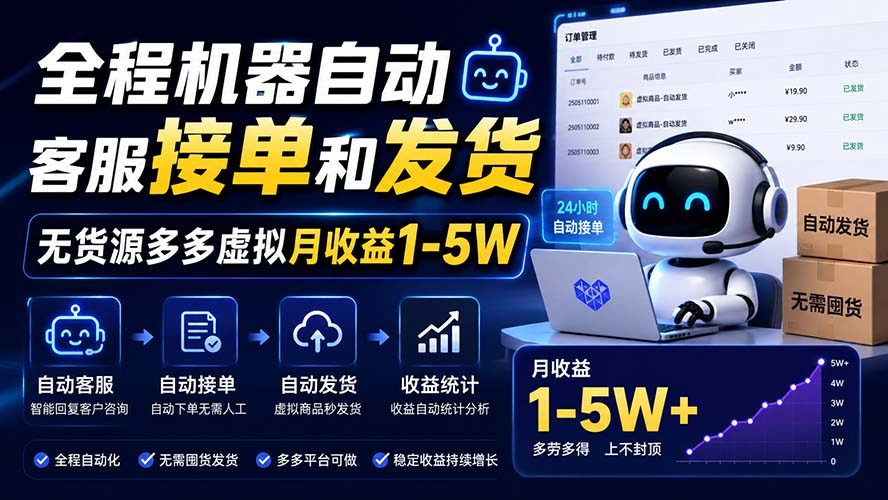 （20119期）全程机器自动客服接单和发货，无货源多多虚拟月收益1-5W|无忧资源社