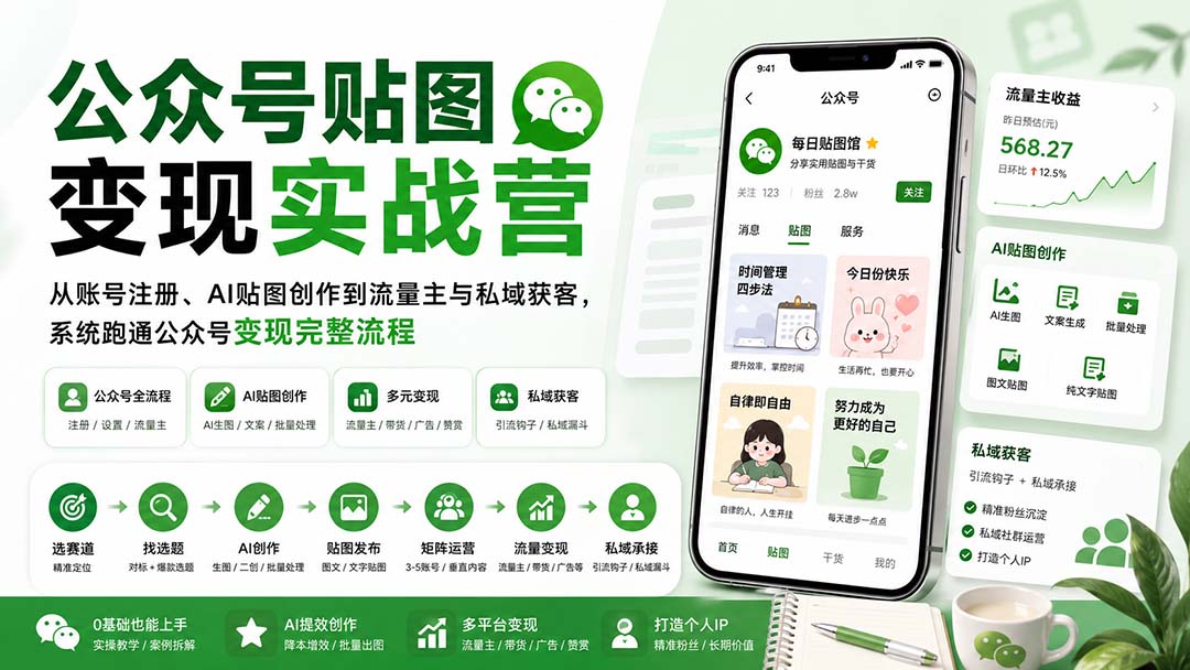 （20120期）公众号贴图变现实战营：从账号注册、AI贴图创作到流量主与私域获客，系统跑通公众号变现完整流程|无忧资源社